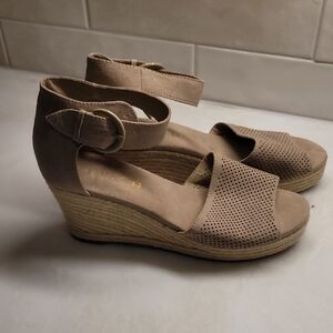 Unisa Taupe Perforated Ankle-Strap Wedge Sandals